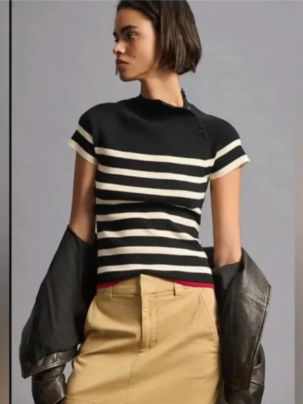 Maeve Anthropologie Black and Cream Striped Short Sleeve Top size XL